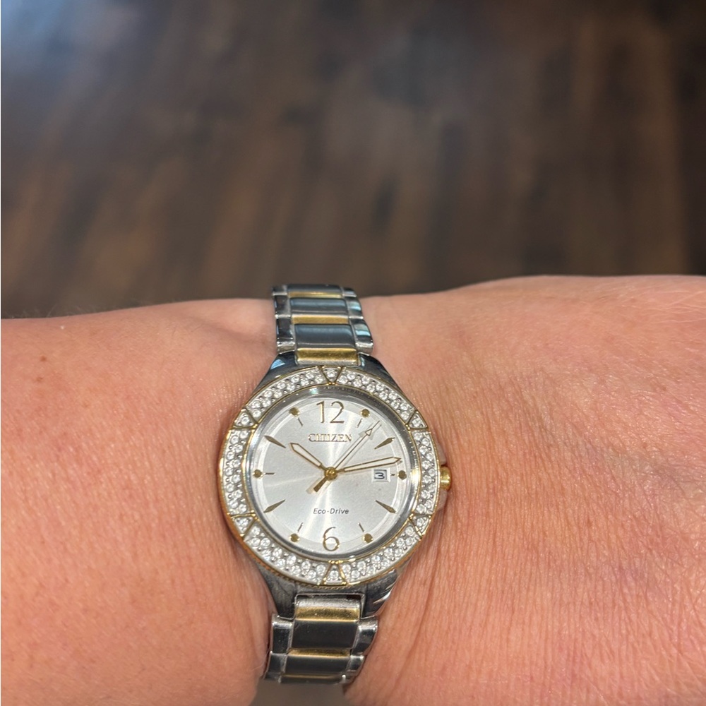 Citizen Women's Silver and Gold Watch with Crystal Bezel